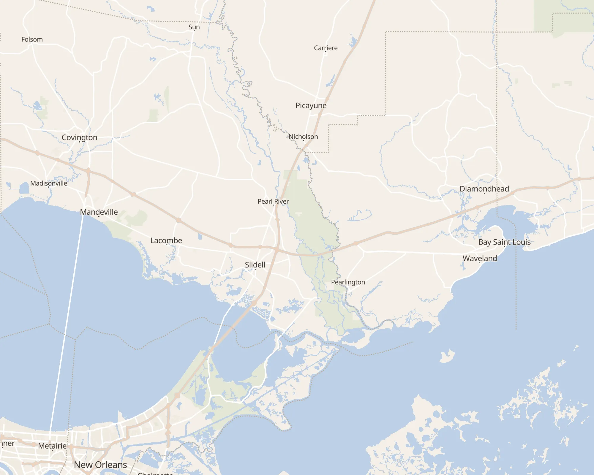 Map of the Northshore and Mississippi Gulf Coast showing Patriot Title's offices in Mandeville, Slidell and Bay St. Louis